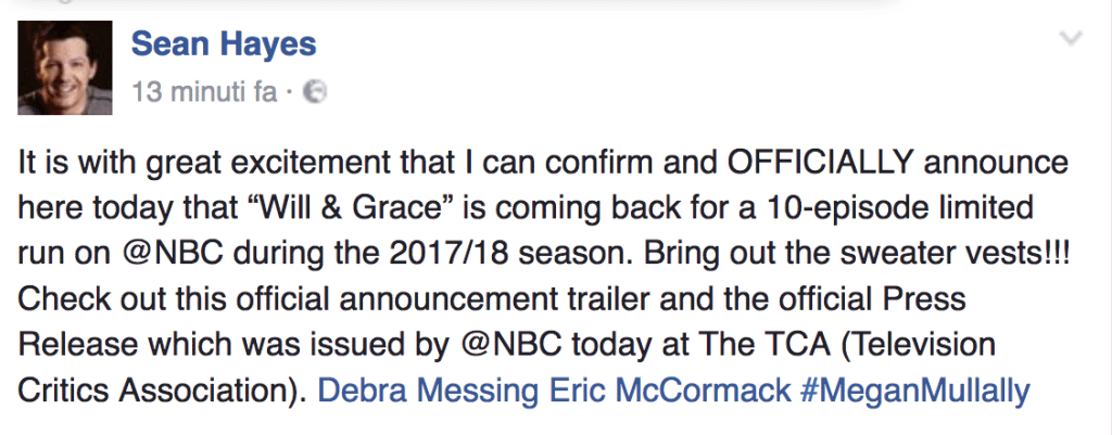 È ufficiale: ritorna Will & Grace, ecco il trailer della nuova stagione - Schermata 2017 01 18 alle 18.53.27 - Gay.it