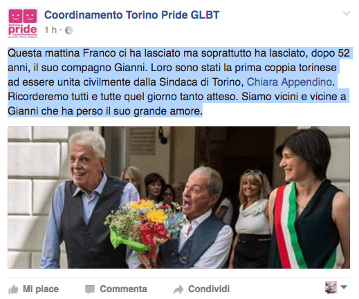 Unioni civili: morto Franco, con Gianni erano stati i primi a unirsi a Torino - Schermata 2017 01 26 alle 11.42.33 - Gay.it