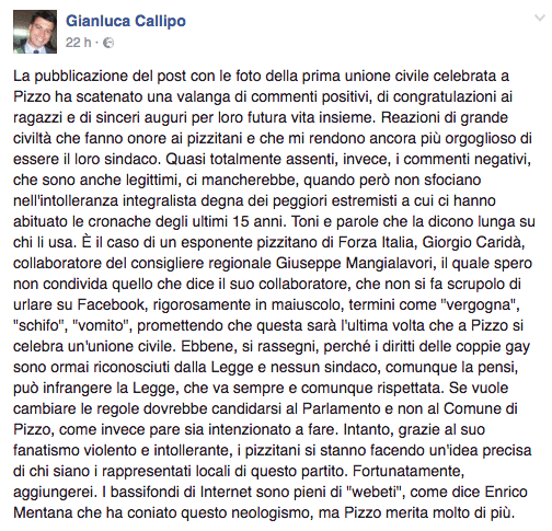 Unioni civili in Calabria, scoppia la polemica a Pizzo. Ecco la risposta epica del sindaco - unioni civili calabria 3 - Gay.it