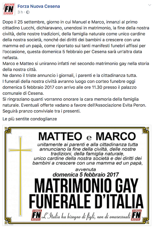 Forza Nuova mette in scena un funerale contro l'unione civile: è successo a Cesena - 16406628 1194531963999581 1254355477046520263 n - Gay.it