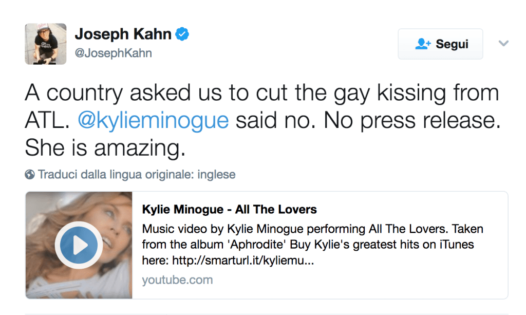 Kylie Minogue si oppose alla censura del bacio gay nel video di All The Lovers - Schermata 2017 04 03 alle 09.18.47 - Gay.it