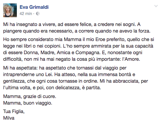 È morta la madre di Eva Grimaldi: "Non mi ha mai negato la cosa più importante: l'Amore" - Schermata 2017 04 21 alle 12.51.34 - Gay.it