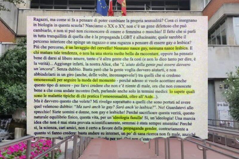 Omofobia sul giornalino scolastico a Bergamo: “Andando contro natura si muore”