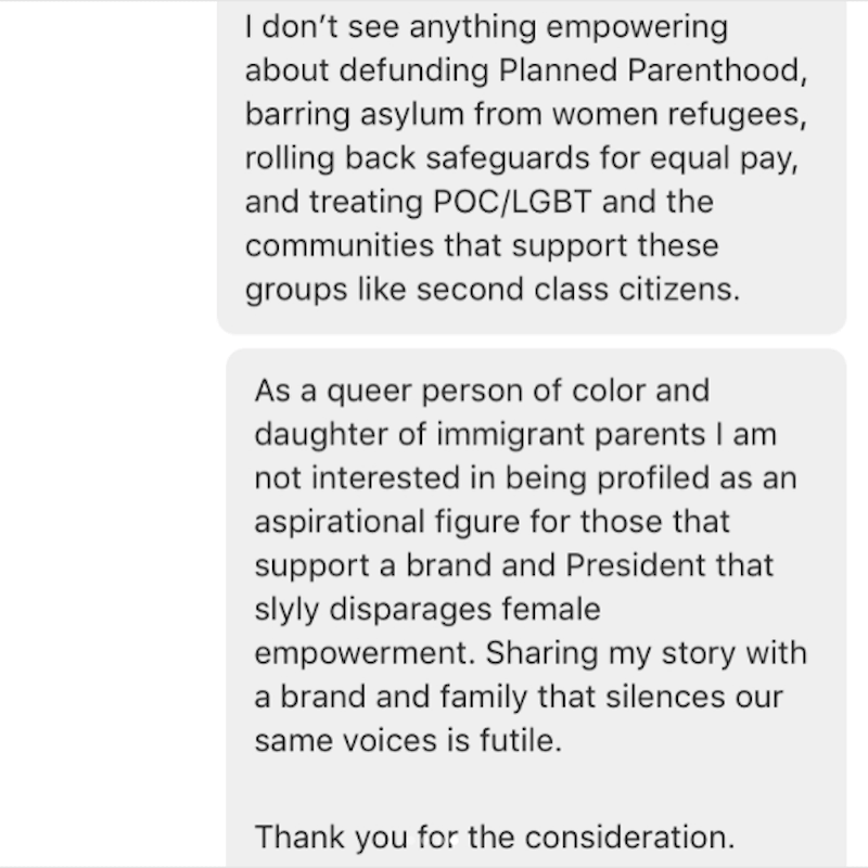 Ivanka Trump la vuole come testimonial per il suo sito: la risposta di questa donna queer è stata perfetta - angeladimayuga convo2 - Gay.it