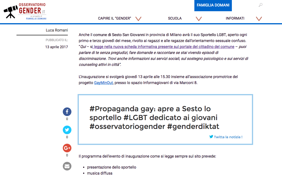 Nuovo sportello LGBT a Sesto San Giovanni, i cattolici denunciano: "È propaganda omosessuale" - propoaganda gender sesto san giovanni - Gay.it