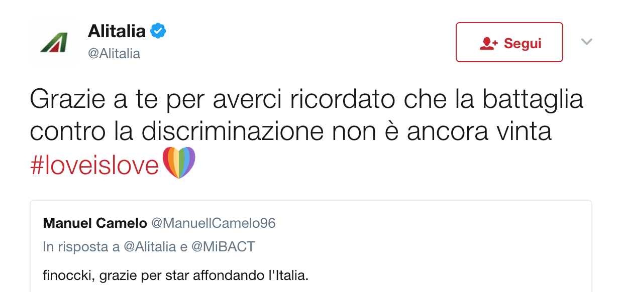 Alitalia, epica risposta ad un omofobo su Twitter - Schermata 2017 05 21 alle 10.48.19 - Gay.it