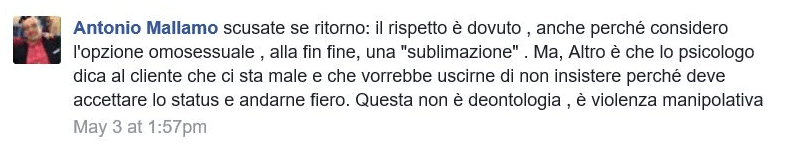Lo psicologo che teorizza su Facebook: "L'omosessualità nasce da un disagio mentale che può portare anche al suicidio" - Schermata 2017 05 29 alle 15.13.30 - Gay.it