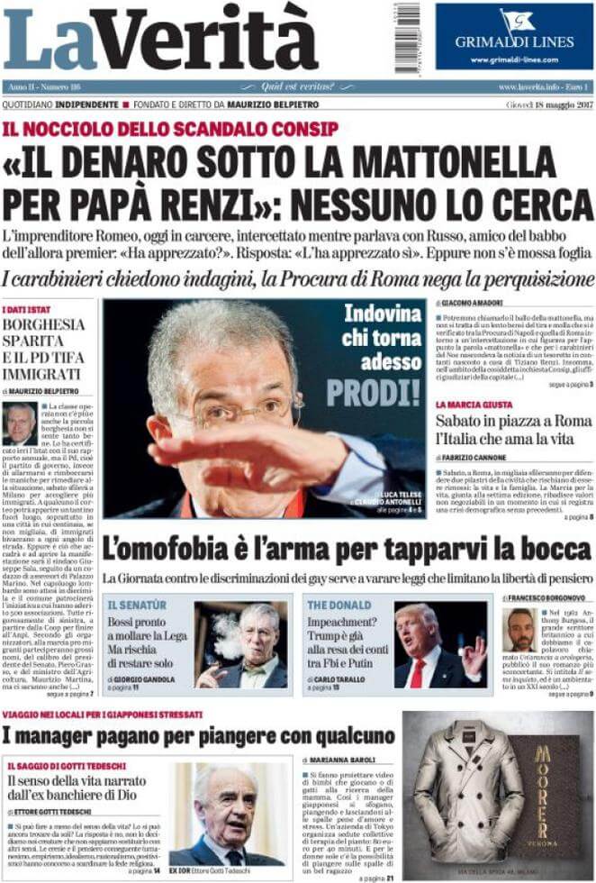 Il quotidiano di Maurizio Belpietro: "Una legge contro l'omofobia limiterebbe la libertà di pensiero" - la verita 2017 05 18 591ce376e309b - Gay.it