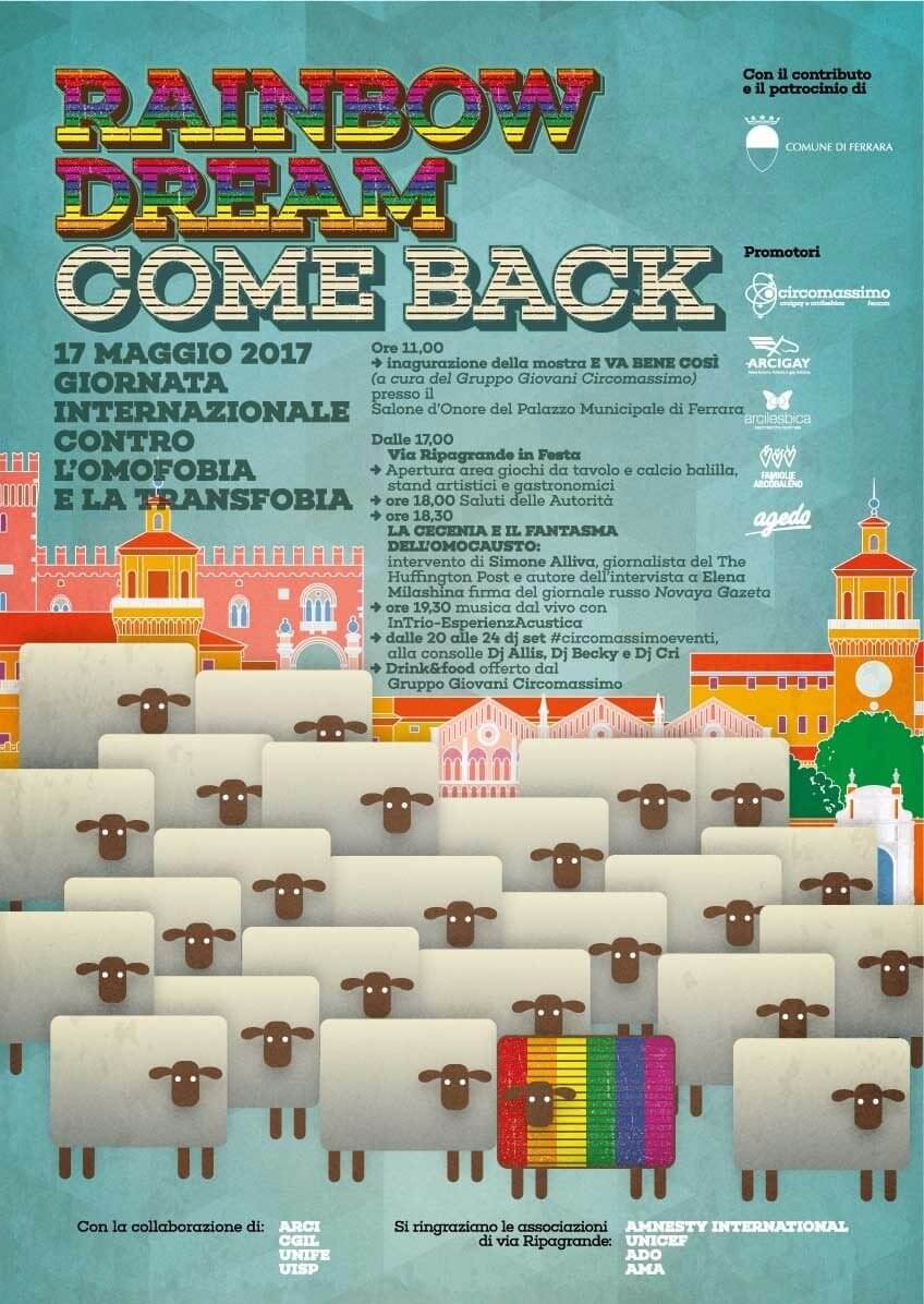 Giornata Internazionale contro l'Omofobia, Ferrara ci mette la faccia: volti di studenti e docenti sui palazzi universitari - locandina programma 17 maggio - Gay.it