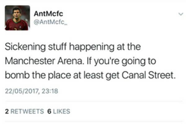 Manchester: tweet omofobo dopo l'attentato, Twitter cancella l'account - manchester twitter omofobo 1 - Gay.it