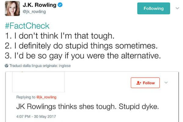 La creatrice di Harry Potter, J.K. Rowling, zittisce un omofobo su Twitter - jk rowling 1 - Gay.it