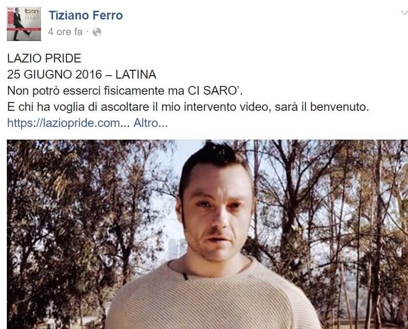 Tiziano Ferro e il videomessaggio per il Milano Pride 2017 - tiziano ferro lazio pride - Gay.it
