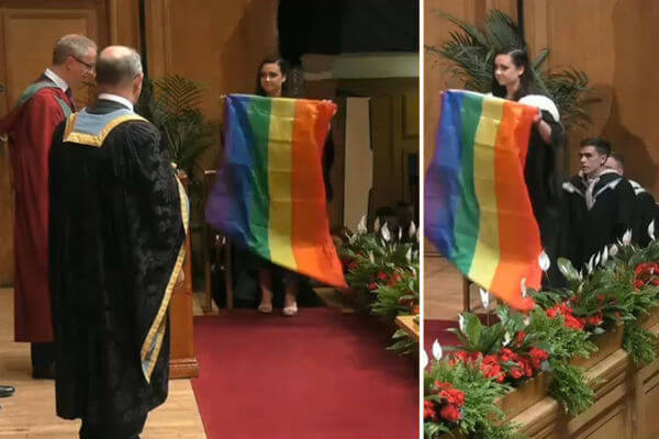 Irlanda del Nord, studentessa si laurea con bandiera arcobaleno per chiedere il matrimonio gay - queens university belfast - Gay.it