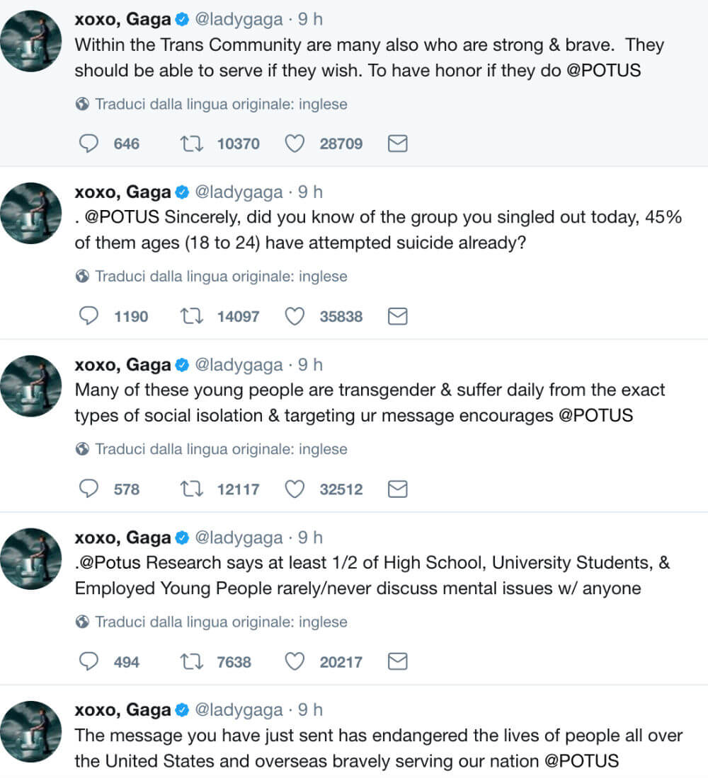 Trans fuori dall'esercito, Lady GaGa contro Trump: "Metti in pericolo la vita delle persone" - trans trump gaga 1 - Gay.it
