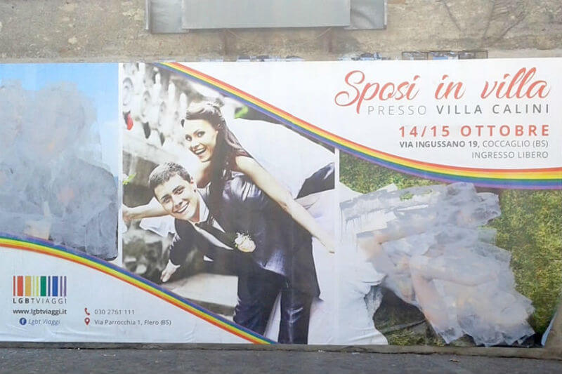 Flero, vandali coprono con vernice coppie omosessuali su un manifesto - sposi in villa 1 - Gay.it