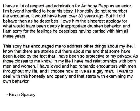 Kevin Spacey, accusato di molestie, fa coming out: "Sono gay" - Schermata 2017 10 30 alle 09.30.42 - Gay.it