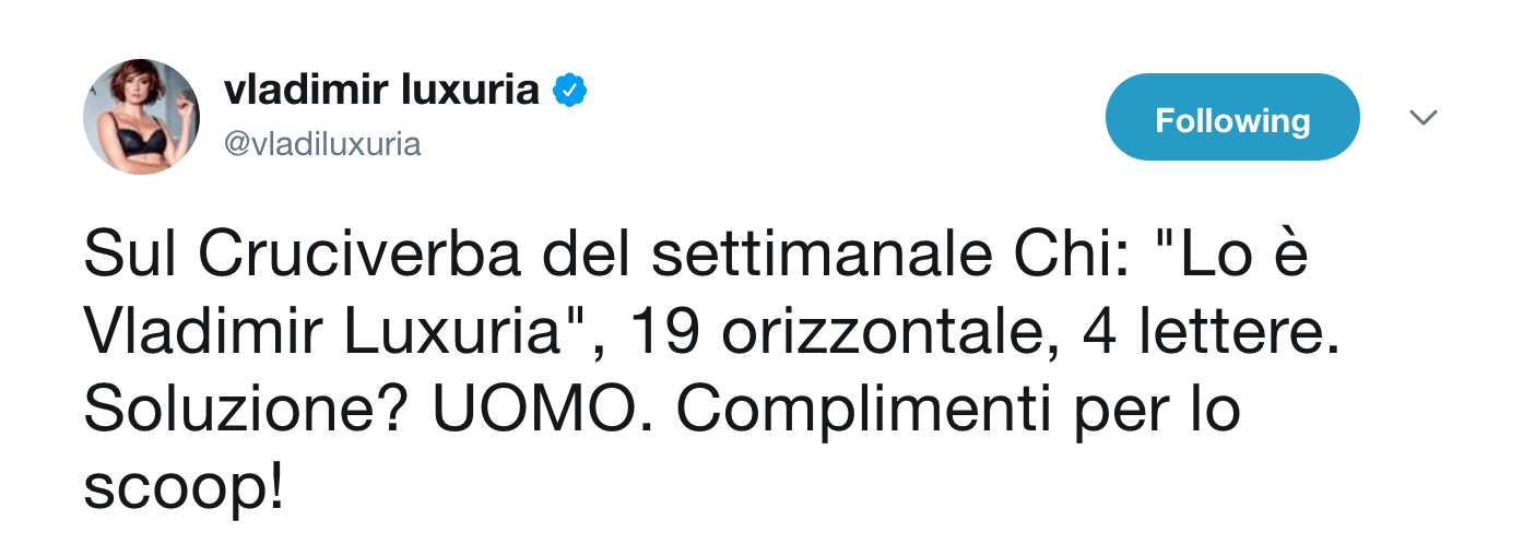 Vladimir Luxuria, il vergognoso cruciverba di Chi: "Quattro lettere: uomo" - vladimir luxuria 1 - Gay.it