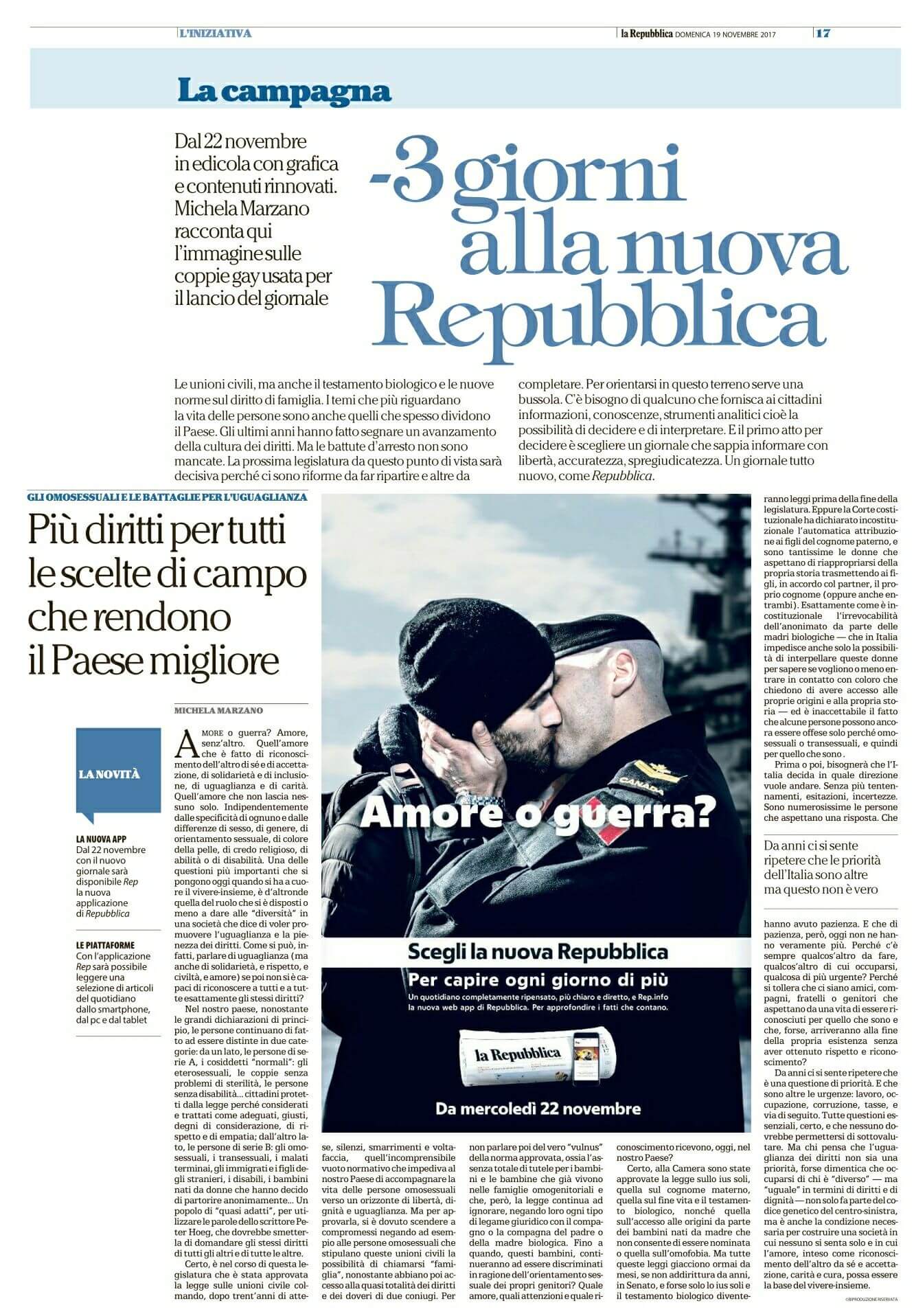 'Amore o Guerra?', un bacio gay per la campagna promozionale della nuova Repubblica - Amore o Guerra un bacio gay Repubblica - Gay.it