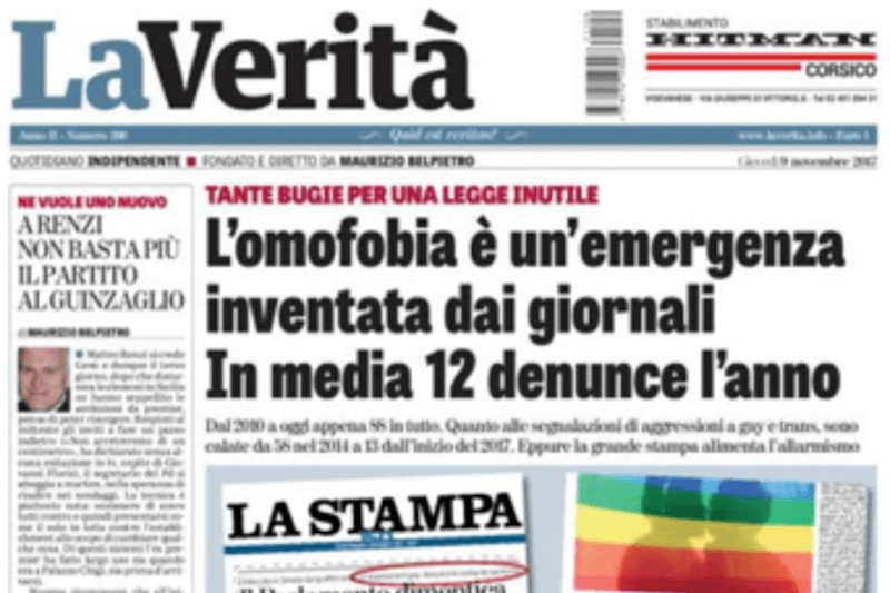 Omofobia, per La Verità di Belpietro l’allarme è una balla