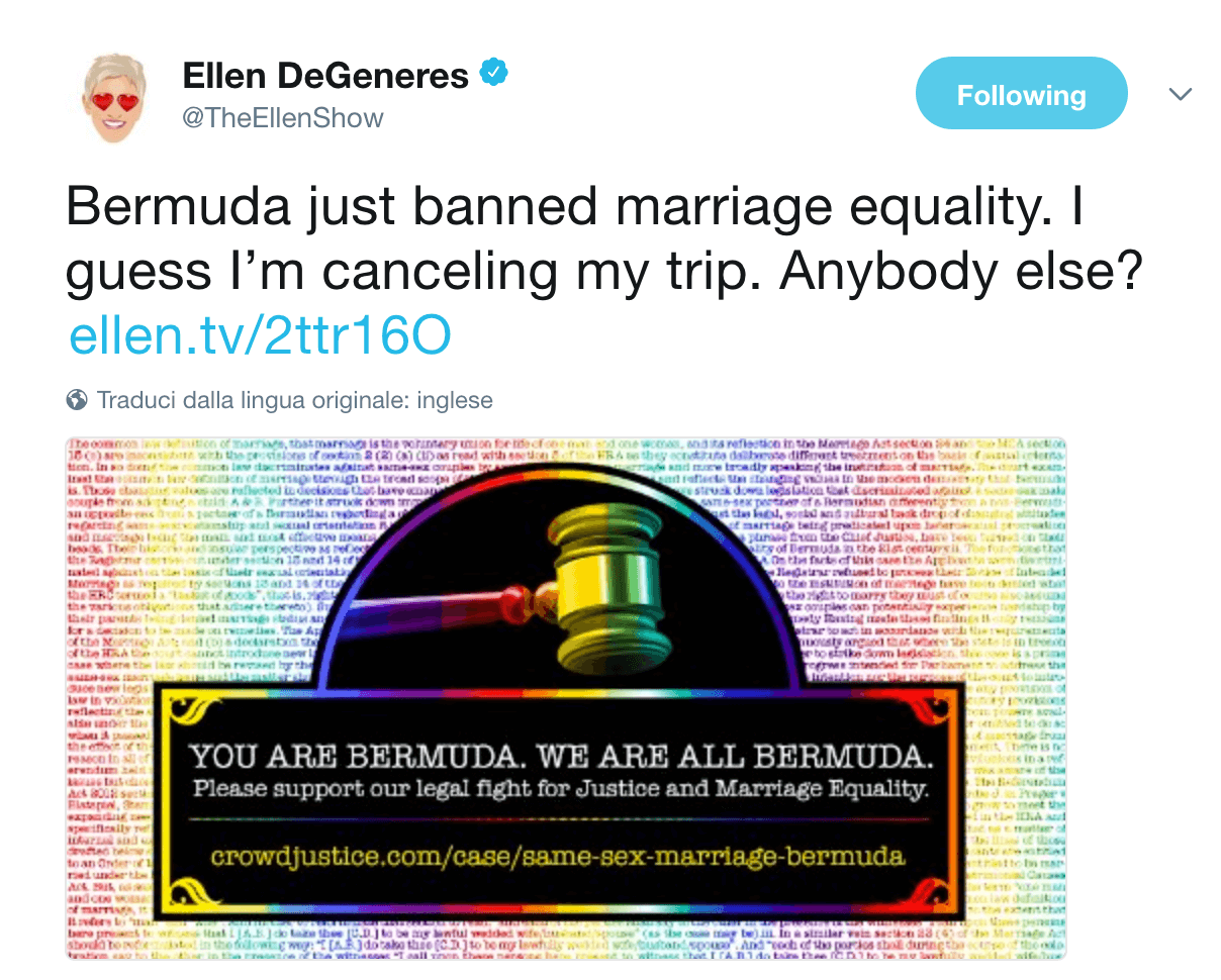 Bermuda, Ellen DeGeneres cancella il suo viaggio dopo l'abolizione del matrimonio egualitario e chiama tutti al boicottaggio - Schermata 2018 03 10 alle 18.52.37 - Gay.it