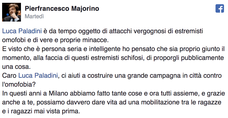 Majorino Milano Paladini omofobia