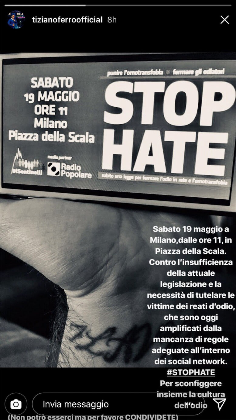 Tiziano ferro stop hate sentinelli milano omofobia