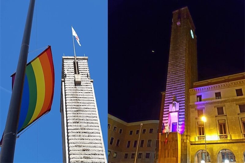 Varese Pride 2018,  bandiere rainbow e torre civica illuminata di arcobaleno per tutta la settimana