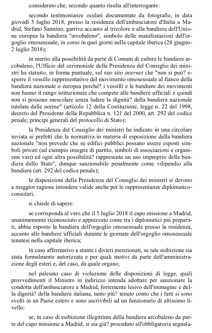 Fratelli d'Italia, interrogazione parlamentare contro ambasciatore italiano a Madrid per una bandiera arcobaleno - Schermata 2018 08 07 alle 10.49.04 - Gay.it