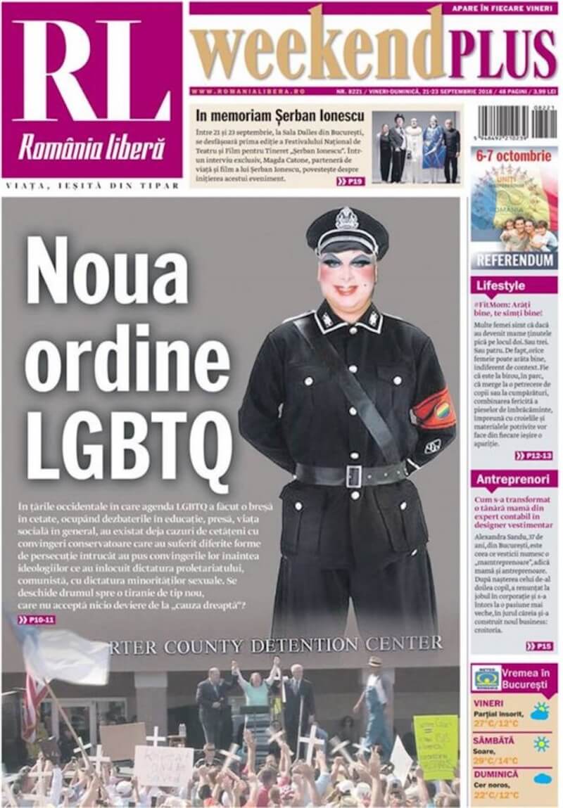 Romania, drag nazi in copertina: 'ecco il nuovo ordine LGBT' - Romania Libera drag nazista - Gay.it