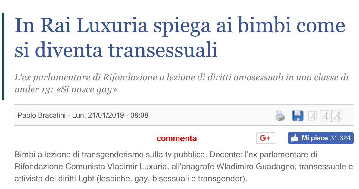 "Vladimir Luxuria spiega ai bimbi come si diventa transessuali" - l'ultima follia de Il Giornale, mentre Adinolfi chiama alla rivolta - Il Giornale - Gay.it