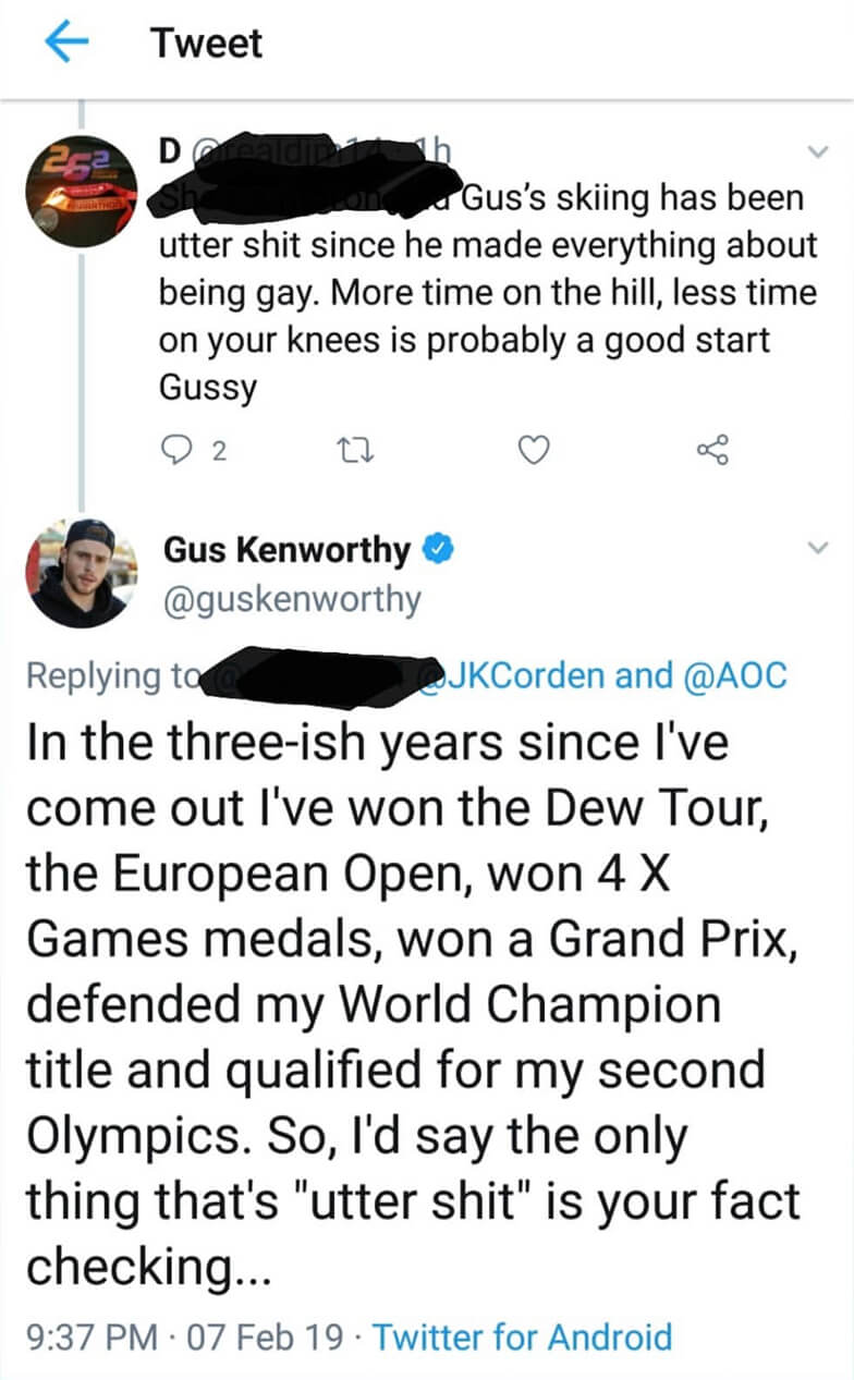 Gus Kenworthy, epica risposta ad un omofobo social - Gus Twitter - Gay.it