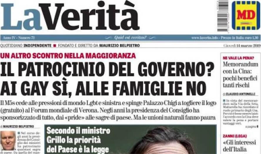 Patrocinio ai gay e non alle famiglie: la teoria di Belpietro su La Verità