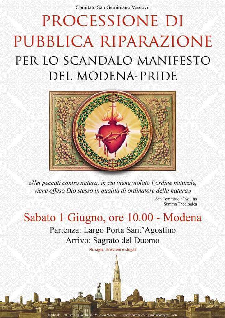 Modena Pride, confermata la processione di riparazione: "pietà per la città trasformata nella Sodoma del tempo presente" - locandina ufficiale processione riparazione - Gay.it