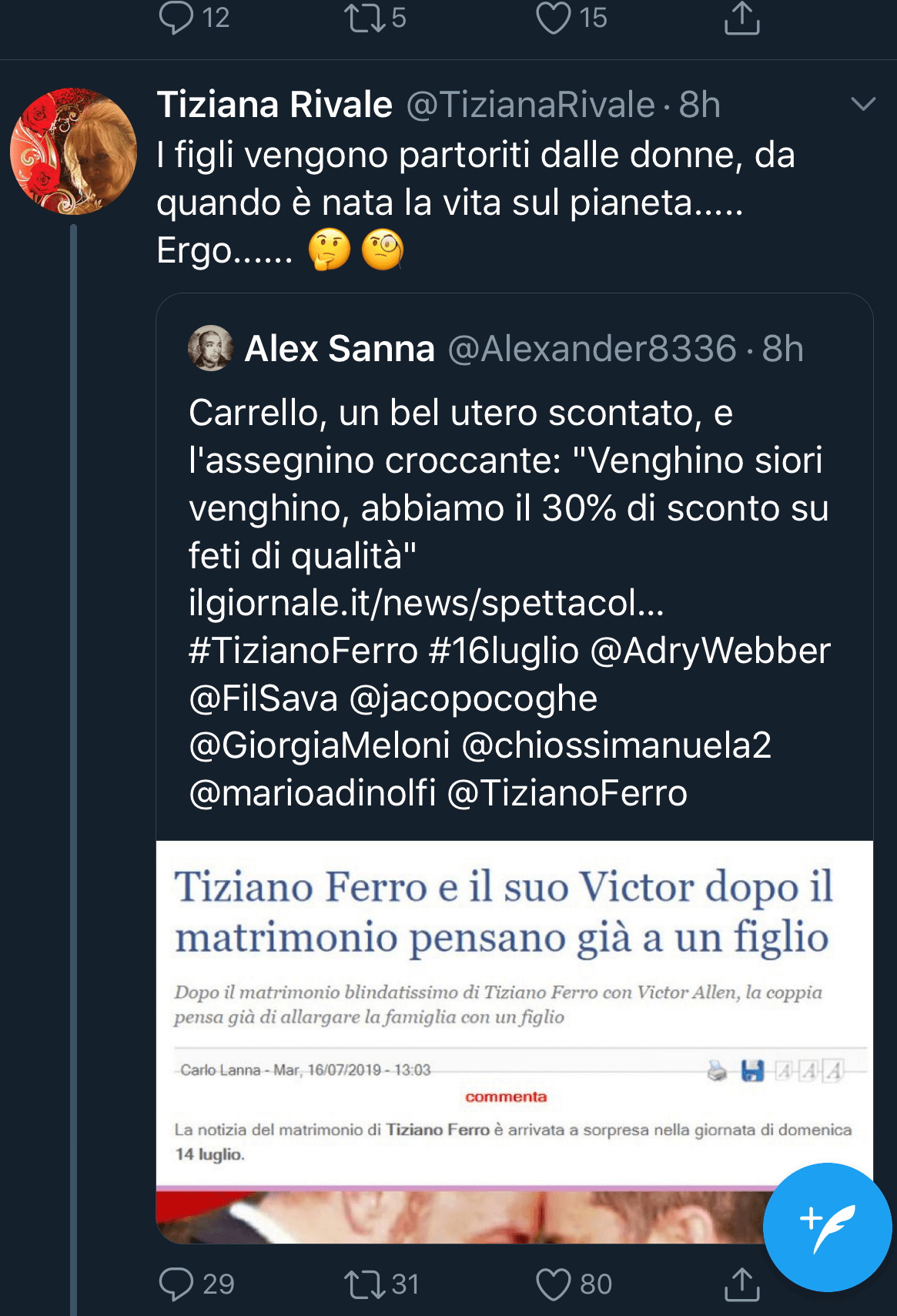 Tiziana Rivale contro Tiziano Ferro: "I figli vengono partoriti dalle donne, adottasse" - IMG 4858 - Gay.it