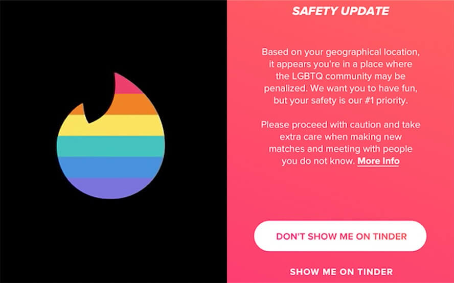 Tinder avviserà i viaggiatori LGBTQ quando si troveranno in un paese che criminalizza i gay