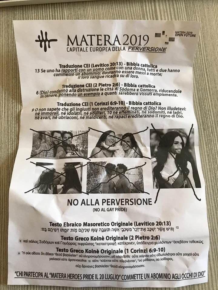 Matera, 'capitale europea della perversione': volantino omofobo contro il pride - matera volantini - Gay.it
