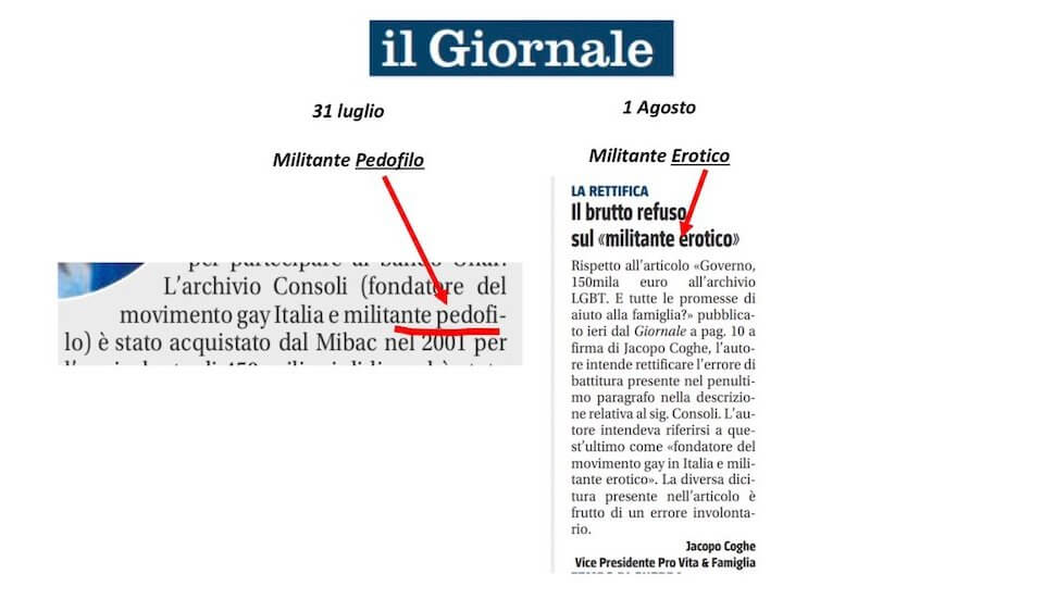 Massimo Consoli, Il Giornale lo definisce ‘pedofilo’ e poi rettifica: ‘errore involontario’