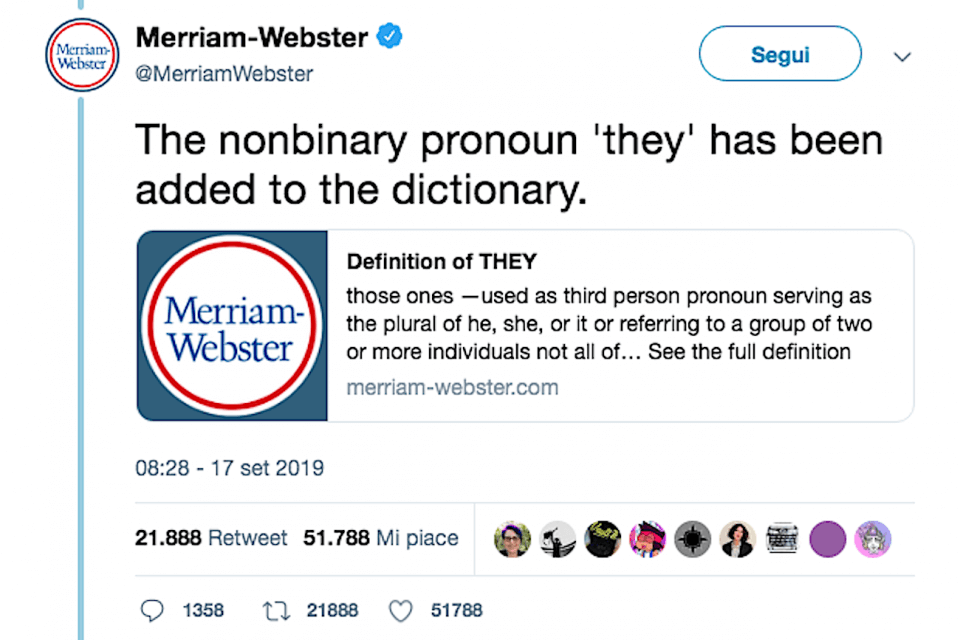 Il dizionario Merriam-Webster inserisce il termine ‘They’ per indicare le persone non binarie