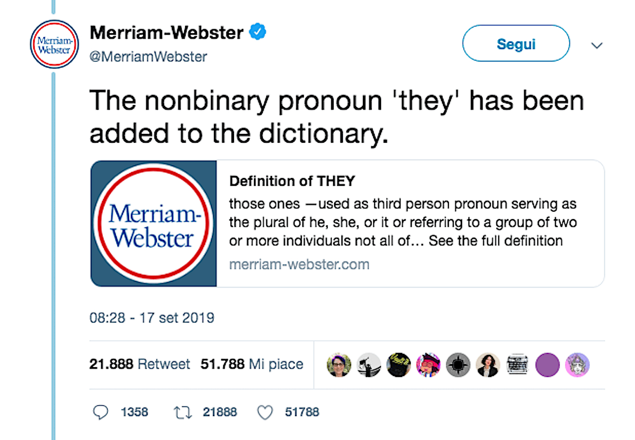 Il dizionario Merriam-Webster inserisce il termine ‘They’ per indicare le persone non binarie