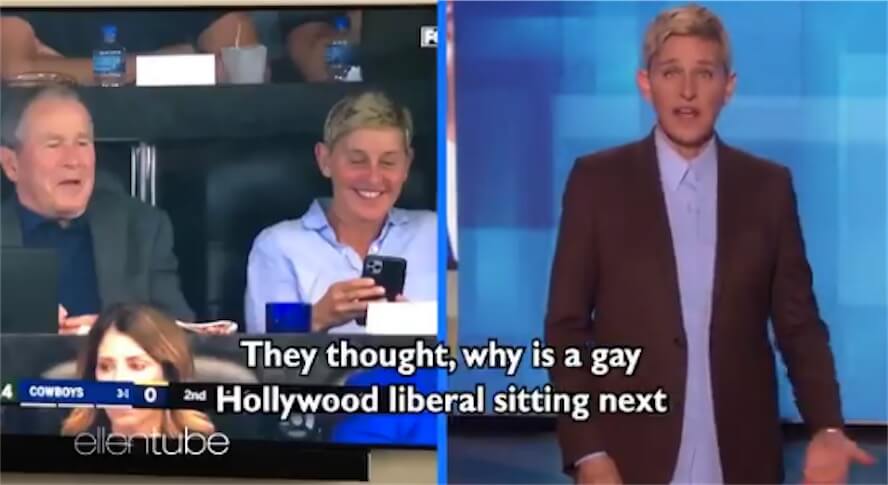 Ellen DeGeneres, risate con George W Bush: piovono critiche social, la replica della conduttrice - Ellen DeGeneres risate con George W Bush - Gay.it
