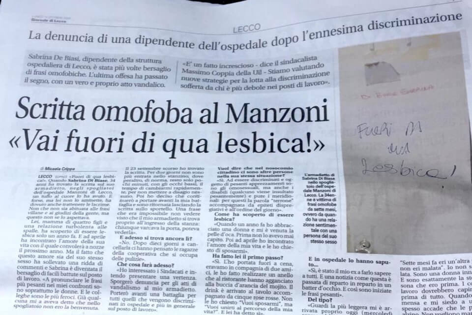 Omofobia a Lecco, scritte offensive in ospedale a una dipendente: ‘Vai fuori di qua lesbica’