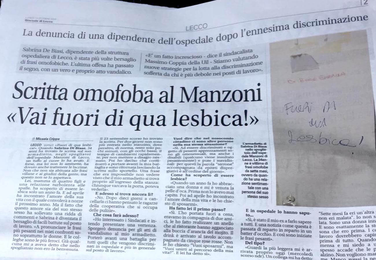 Omofobia a Lecco, scritte offensive in ospedale a una dipendente: ‘Vai fuori di qua lesbica’