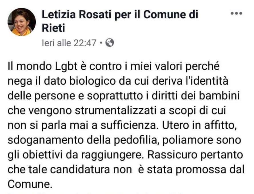 Professoressa e consigliera di Rieti contro il Lazio Pride 2020: messaggio discriminatorio sui social - Docente Rieti dic2018 - Gay.it