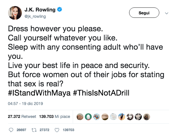Associazioni trans contro J.K. Rowling per un tweet dove appoggia una ricercatrice transfobica - tweet - Gay.it