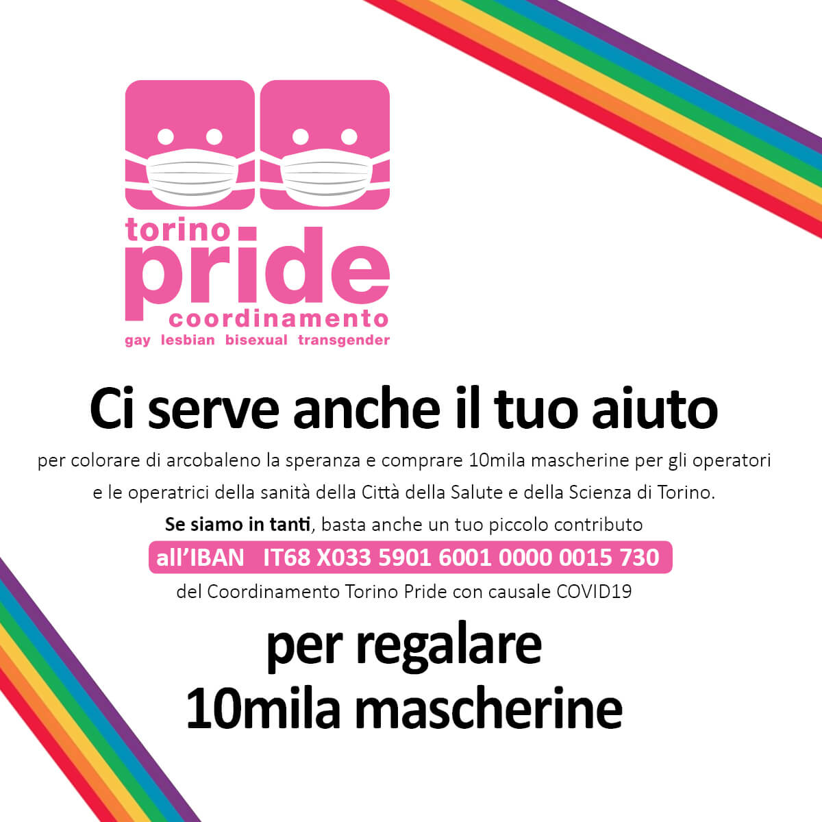 Torino Pride 2020 annullato, al suo posto un flash mob arcobaleno - mascherine - Gay.it