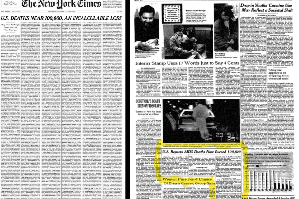 New York Times e la notizia dei 100.000 morti di AIDS nel 1991: tutte le differenze con la prima pagina per il Covid-19 - New York Times covid - Gay.it