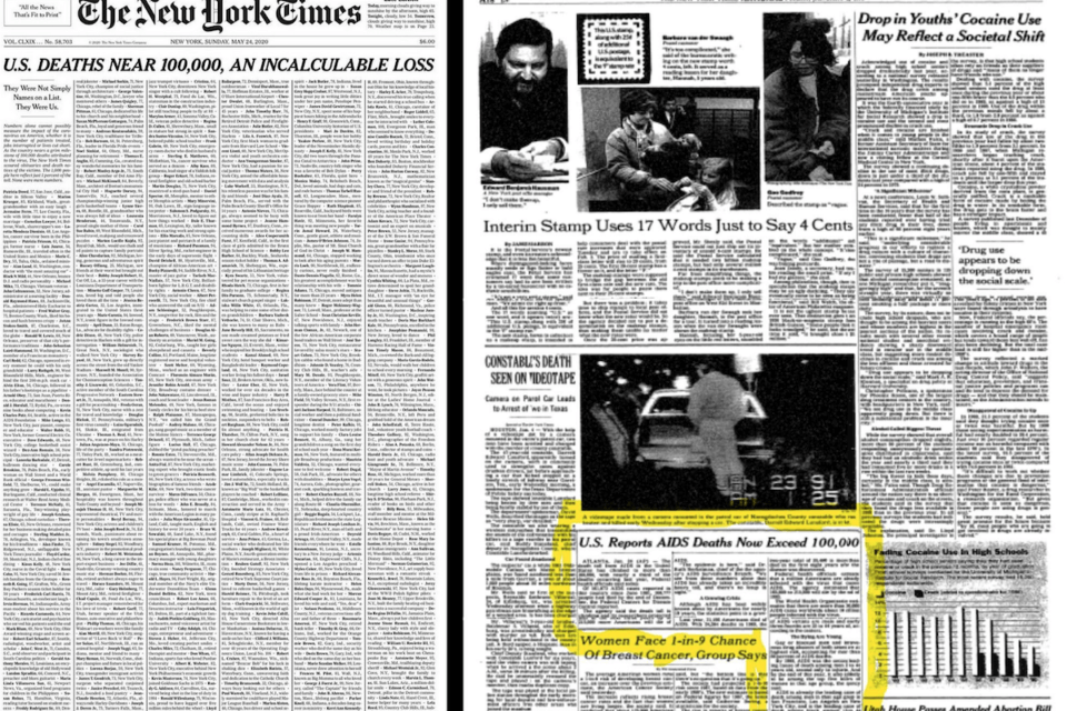 New York Times e la notizia dei 100.000 morti di AIDS nel 1991: tutte le differenze con la prima pagina per il Covid-19