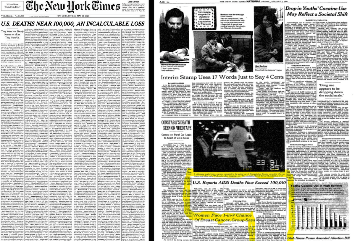 New York Times e la notizia dei 100.000 morti di AIDS nel 1991: tutte le differenze con la prima pagina per il Covid-19