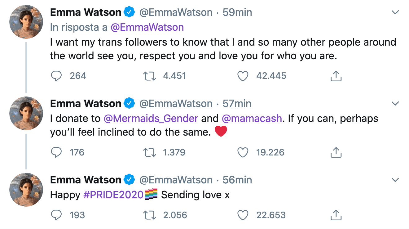 Anche Emma Watson contro J.K. Rowling: "le persone trans sono chi dicono di essere, vi rispetto e vi amo" - Schermata 2020 06 11 alle 00.17.38 - Gay.it