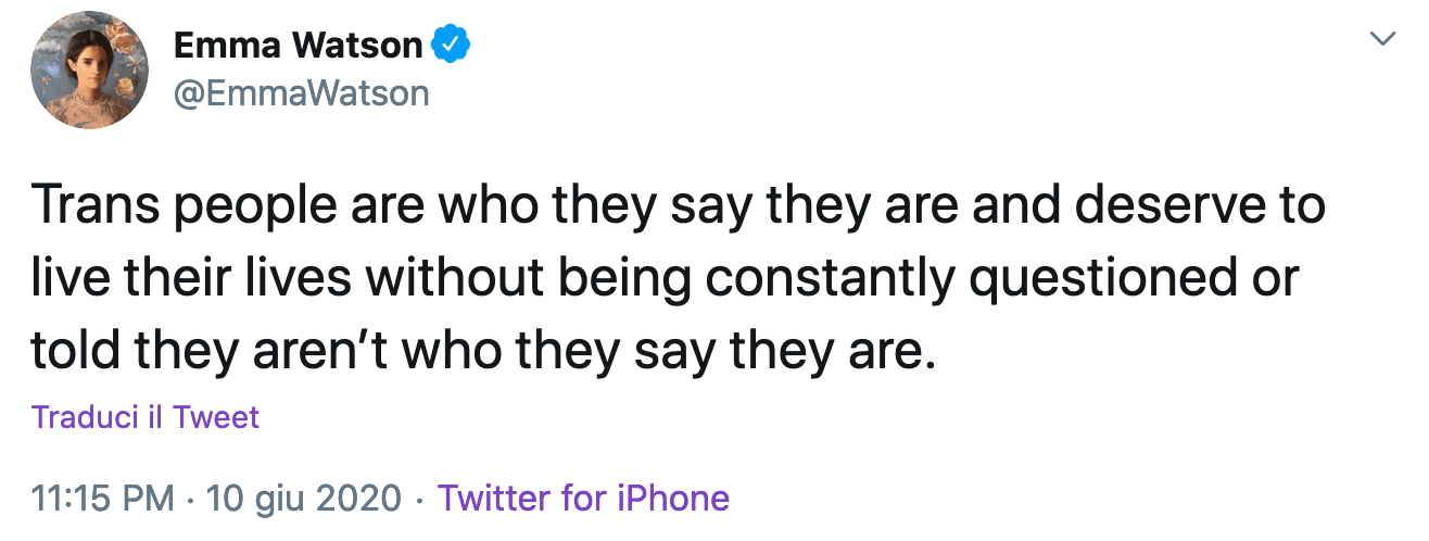 Anche Emma Watson contro J.K. Rowling: "le persone trans sono chi dicono di essere, vi rispetto e vi amo" - Schermata 2020 06 11 alle 00.17.41 - Gay.it